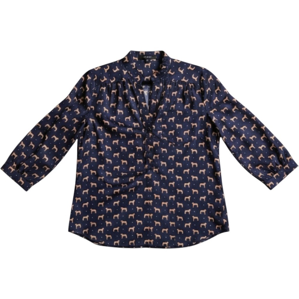 Fun 2 Fun Navy Blue Dog‎ Print Blouse 3/4 Sleeve Split Neck Top FD82925 Womens M